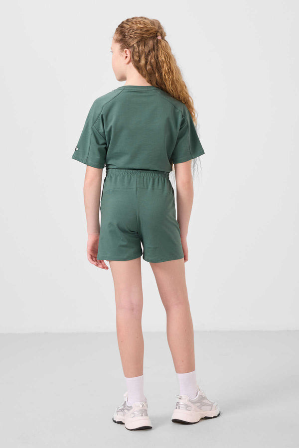 Tommylife Toptan Pamuklu Yumuşak Dokulu Standart Fit Basic Kız Çocuk Şort Takım 75184 Açık Yeşil