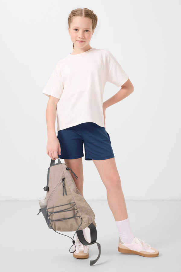 Tommylife Toptan Pamuklu Yumuşak Dokulu Standart Fit Basic Kız Çocuk Şort Takım 75184 Ekru Parlament