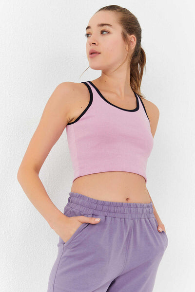 Maiou scurt pentru femei, roz, fără mâneci, croială slim fit, cu decolteu în U, Tommylife Wholesale - 97162
