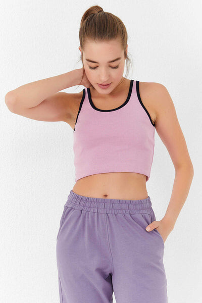 Tommylife Toptan Pembe Basic Sıfır Kol Dar Kalıp U Yaka Kadın Crop Top Atlet - 97162