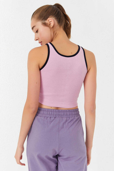 Tommylife Toptan Pembe Basic Sıfır Kol Dar Kalıp U Yaka Kadın Crop Top Atlet - 97162