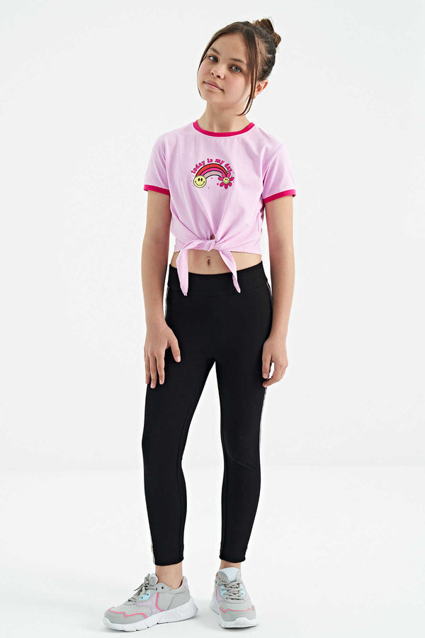 Tommylife Toptan Pembe Baskı Detaylı O Yaka Çok Renkli Bağlama Detaylı Kız Çocuk T-Shirt - 75113
