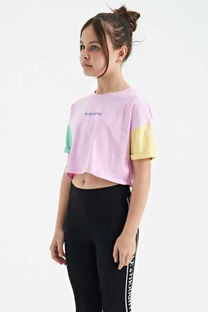 Tommylife Toptan Pembe Yazı Baskılı O Yaka Düşük Omuzlu Oversize Kız Çocuk T-Shirt - 75130