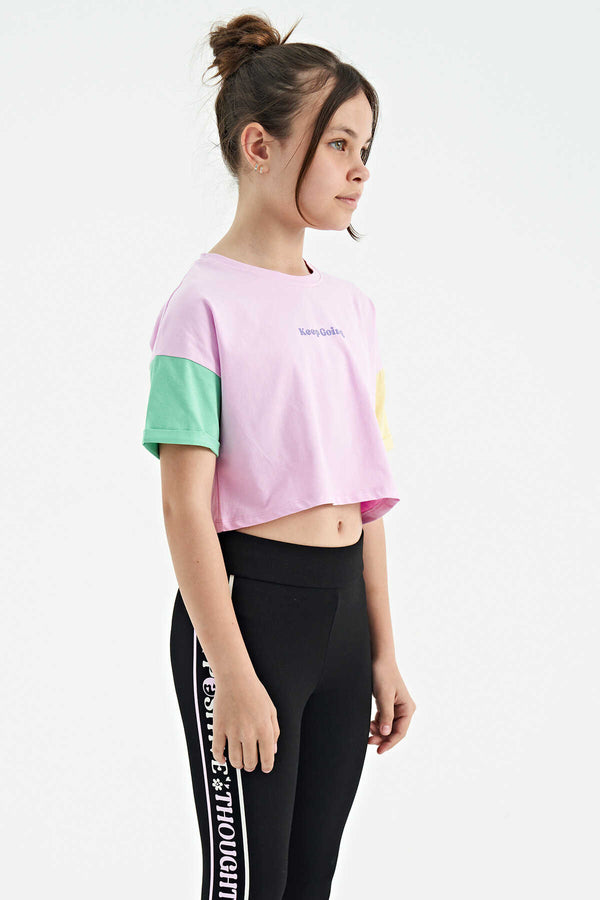 Tommylife Toptan Pembe Yazı Baskılı O Yaka Düşük Omuzlu Oversize Kız Çocuk T-Shirt - 75130