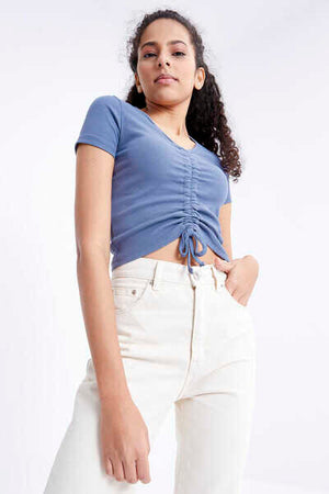 Tommylife Toptan Petrol Büzgü Detaylı V Yaka Kadın Crop Top T-Shirt - 97205