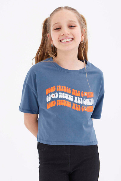 Tricou scurt Tommylife Wholesale, culoare petrol, supradimensionat, cu text colorat, imprimat, cu umeri jos, guler O, pentru fete - 75038
