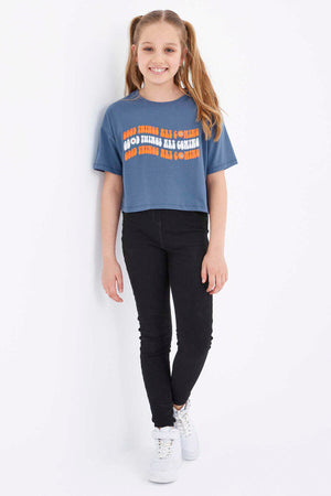 Tricou scurt Tommylife Wholesale, culoare petrol, supradimensionat, cu text colorat, imprimat, cu umeri jos, guler O, pentru fete - 75038
