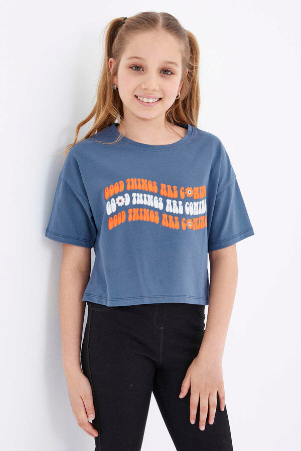 Tricou scurt Tommylife Wholesale, culoare petrol, supradimensionat, cu text colorat, imprimat, cu umeri jos, guler O, pentru fete - 75038