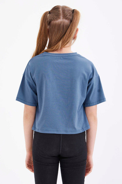 Tricou scurt Tommylife Wholesale, culoare petrol, supradimensionat, cu text colorat, imprimat, cu umeri jos, guler O, pentru fete - 75038