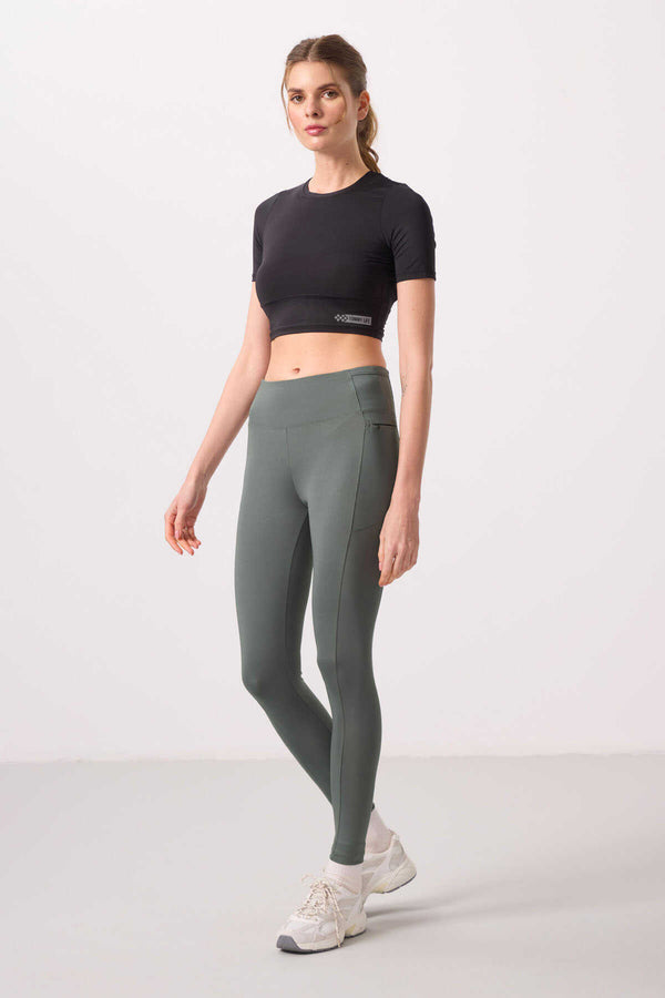 Tommylife Toptan Polyester Esnek Standart Fit Performans Kadın Tayt - 94667 Haki