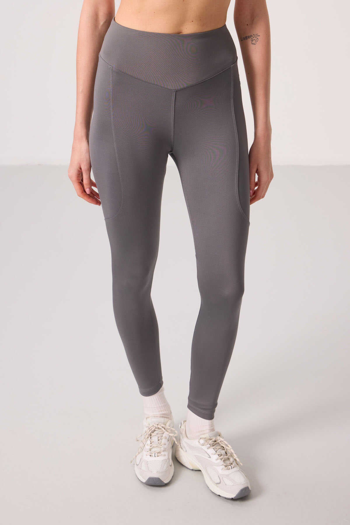 Tommylife Toptan Polyester Standart Fit Esnek Performans Kadın Tayt - 94666 Koyu Gri