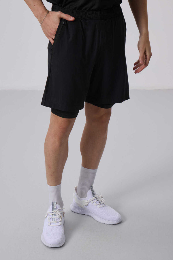 Tommylife Toptan Polyester Standart Kalıp Erkek Taytlı Şort 81287 Siyah