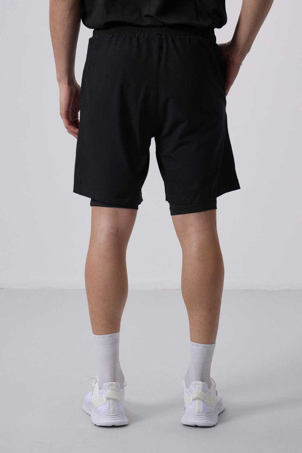Tommylife Toptan Polyester Standart Kalıp Erkek Taytlı Şort 81287 Siyah
