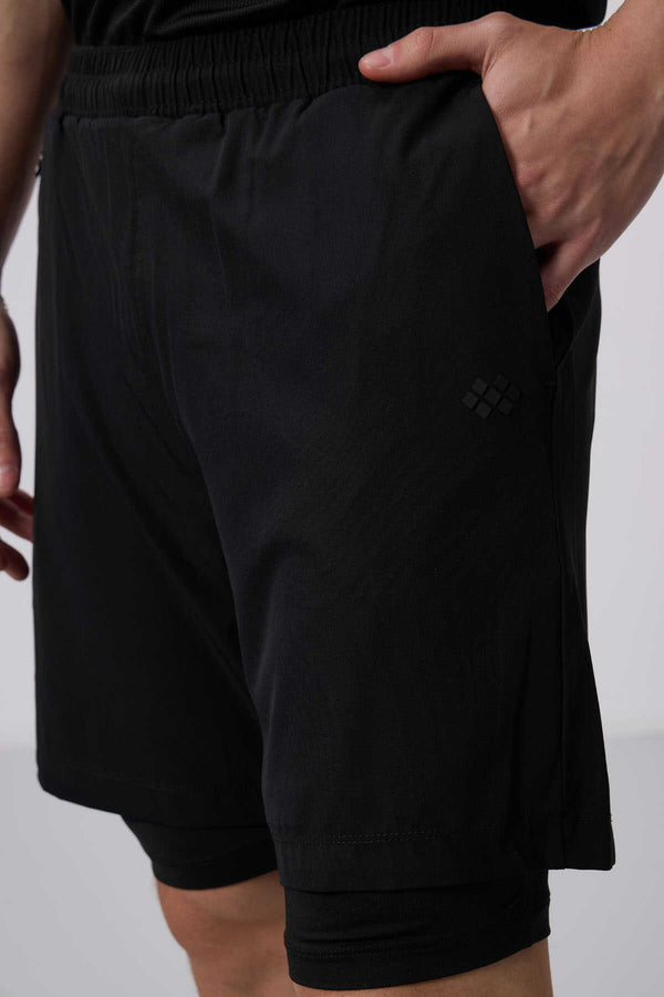 Tommylife Toptan Polyester Standart Kalıp Erkek Taytlı Şort 81287 Siyah