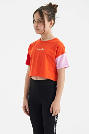 Tommylife Toptan Portakal Yazı Baskılı O Yaka Düşük Omuzlu Oversize Kız Çocuk T-Shirt - 75130