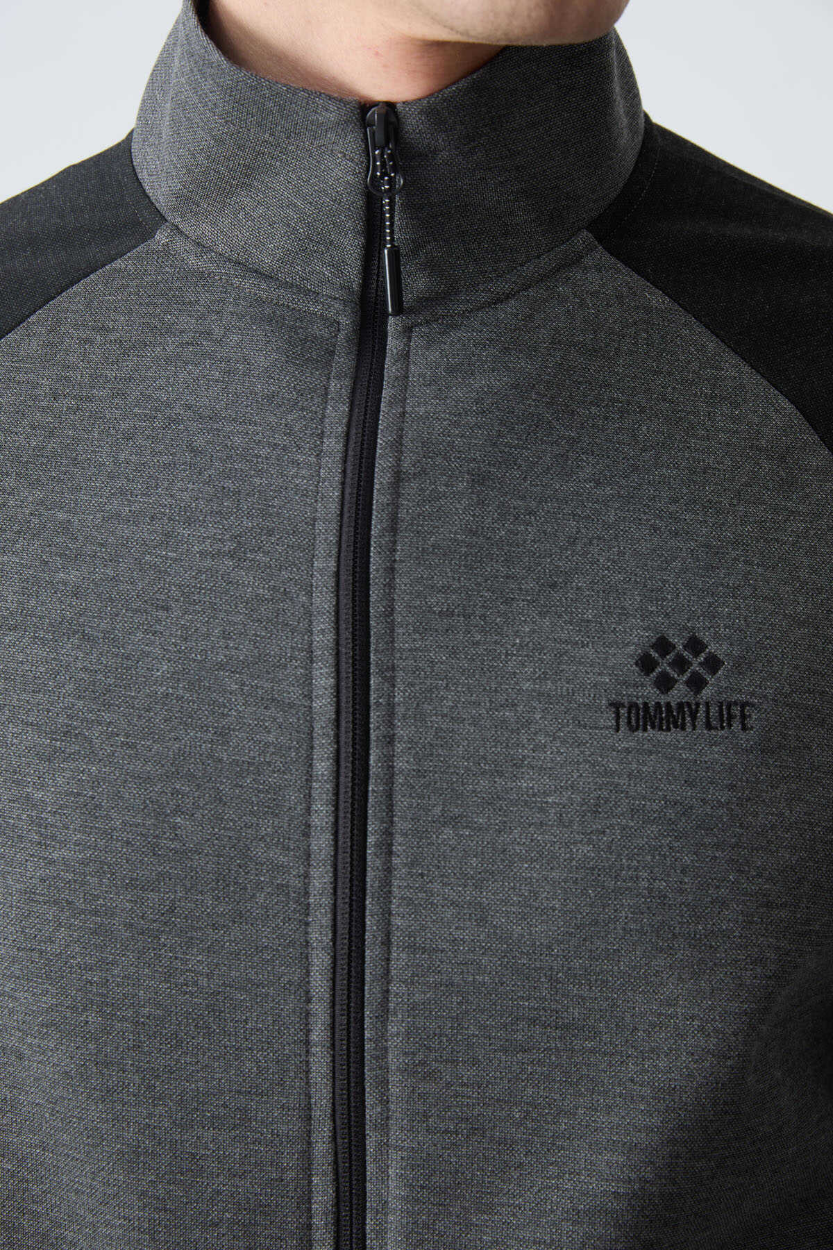 Tommylife Toptan Rahat Kalıp Dik Yaka Klasik Paça Erkek Eşofman Takımı Antrasit - Siyah