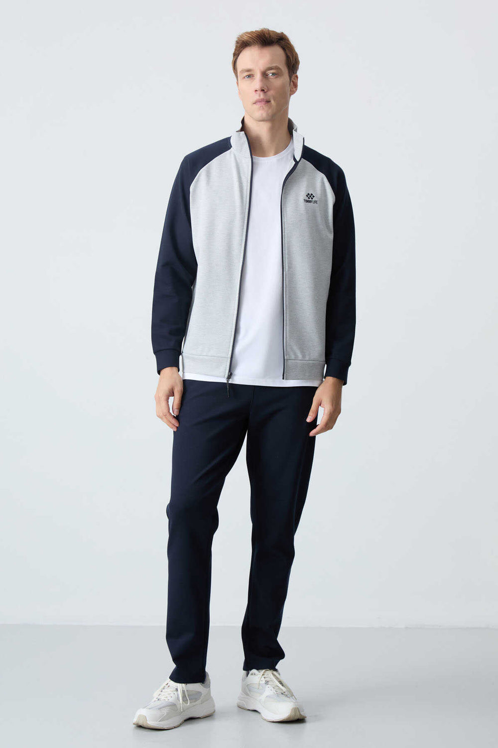 Tommylife Toptan Rahat Kalıp Dik Yaka Klasik Paça Erkek Eşofman Takımı 85113 Gri - Lacivert