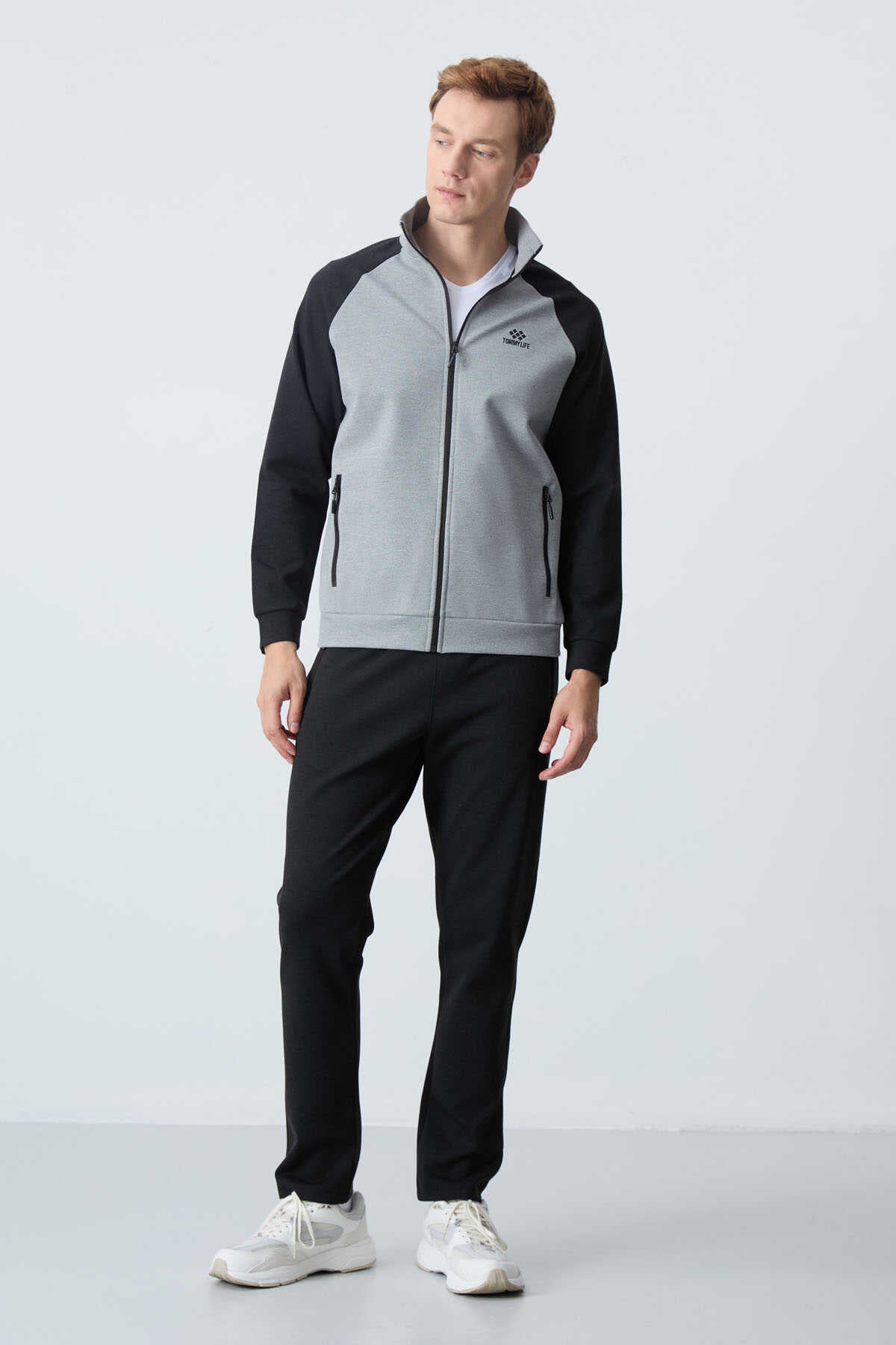 Tommylife Angro Confortabil Croit Guler Vertical Clasic Croit Bărbat Trening Complet 85113 Gri Melanj - Negru