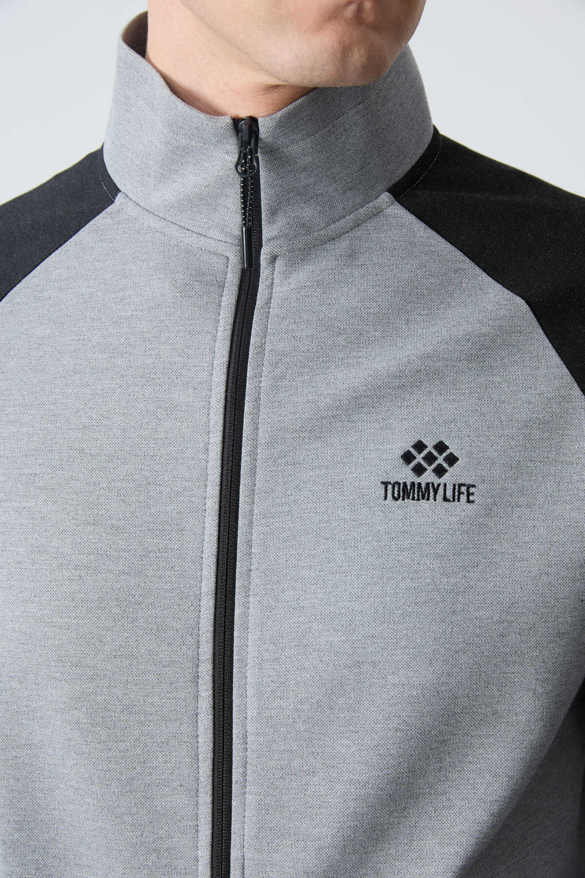 Tommylife Angro Confortabil Croit Guler Vertical Clasic Croit Bărbat Trening Complet 85113 Gri Melanj - Negru