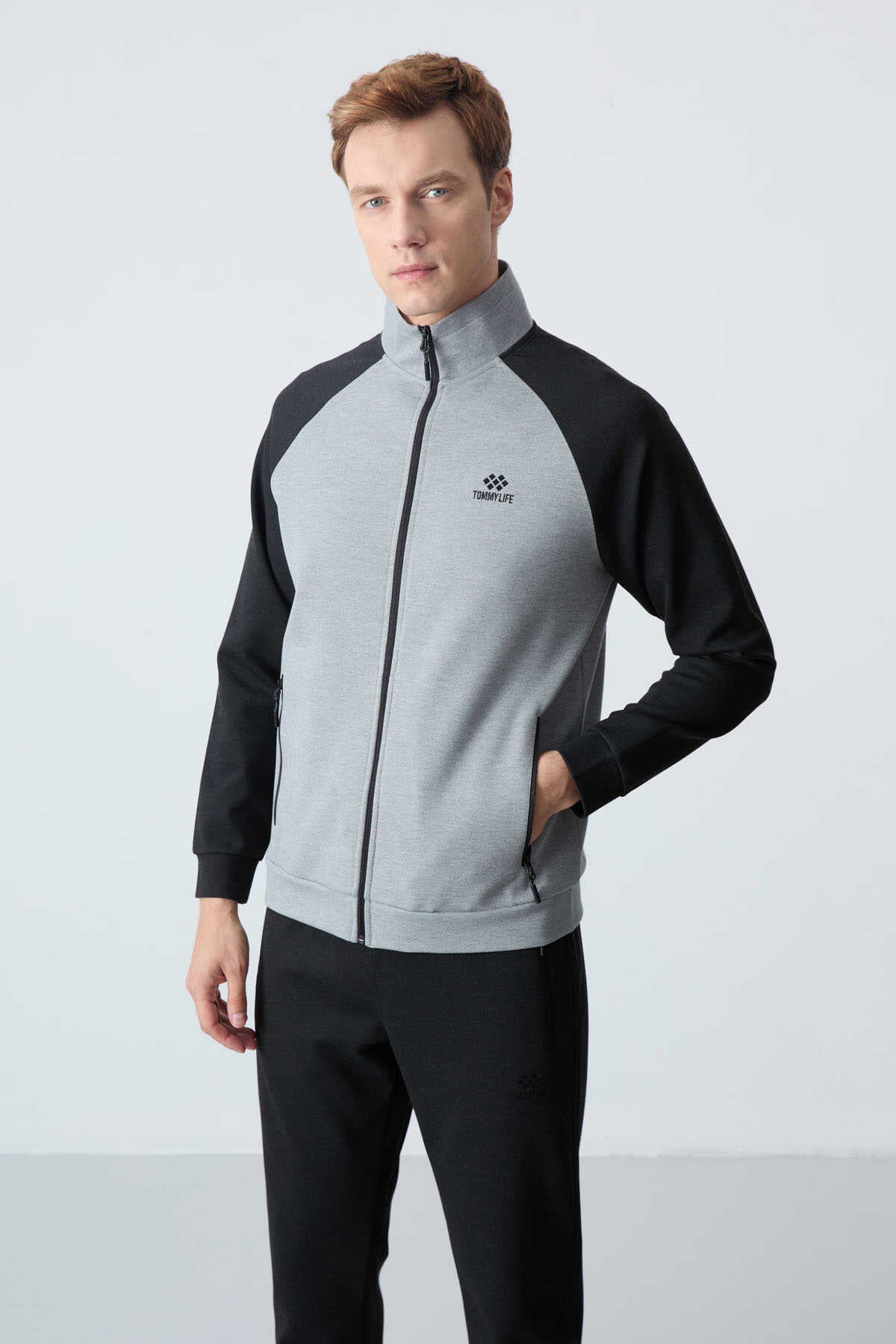 Tommylife Angro Confortabil Croit Guler Vertical Clasic Croit Bărbat Trening Complet 85113 Gri Melanj - Negru