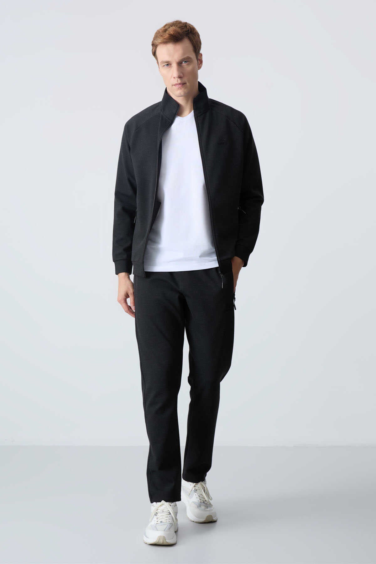 Tommylife Toptan Confort Fit Col Inalt Clasic Picior Barbati Trening Set 85113 Negru