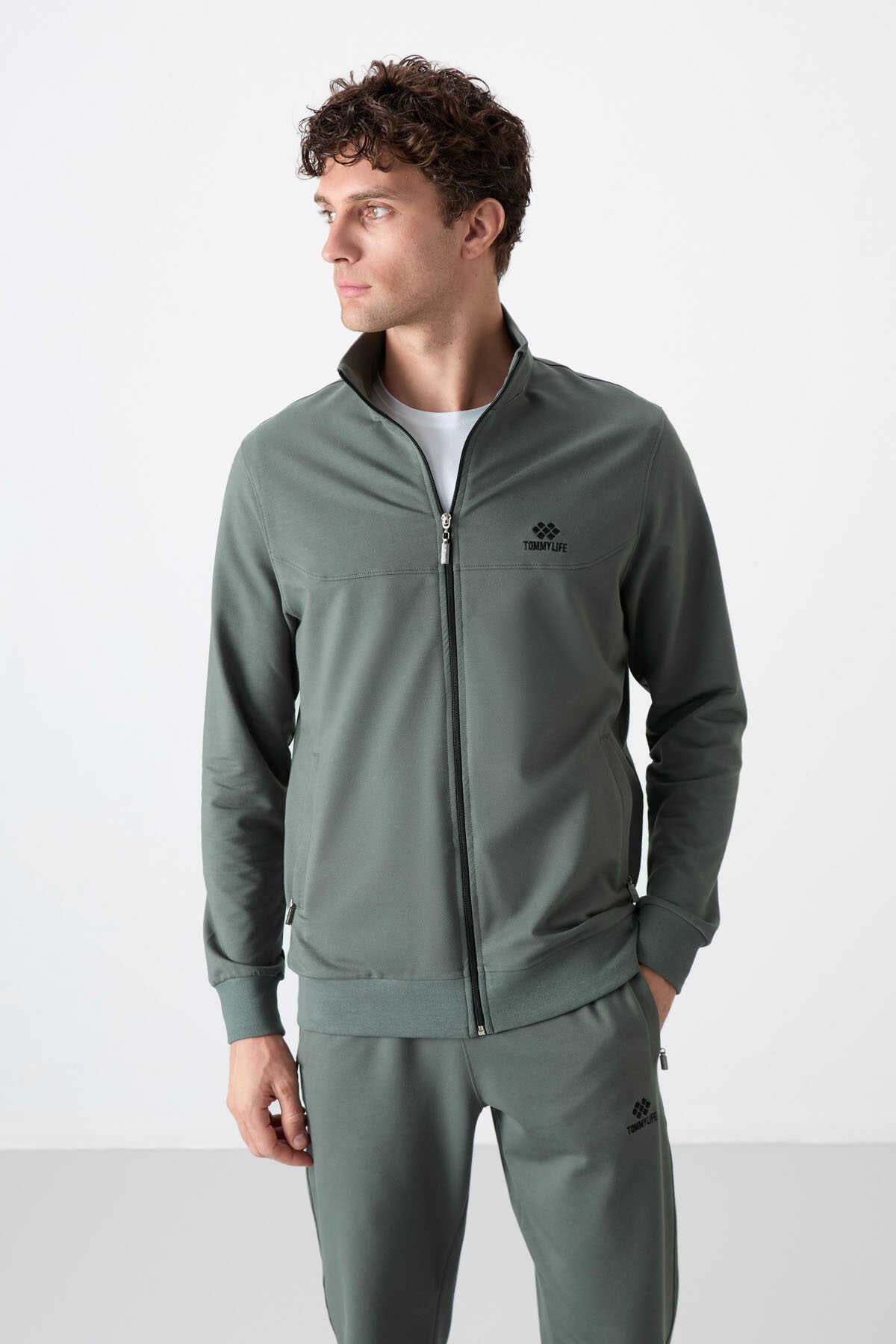 Tommylife Toptan Rahat Kalıp Fermuarlı Sweat Erkek Eşofman Takım 85072 Haki