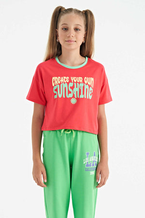 Tommylife Toptan Rose Renkli Yazı Baskılı O Yaka Oversize  Kısa Kollu Kız Çocuk T-Shirt - 75111