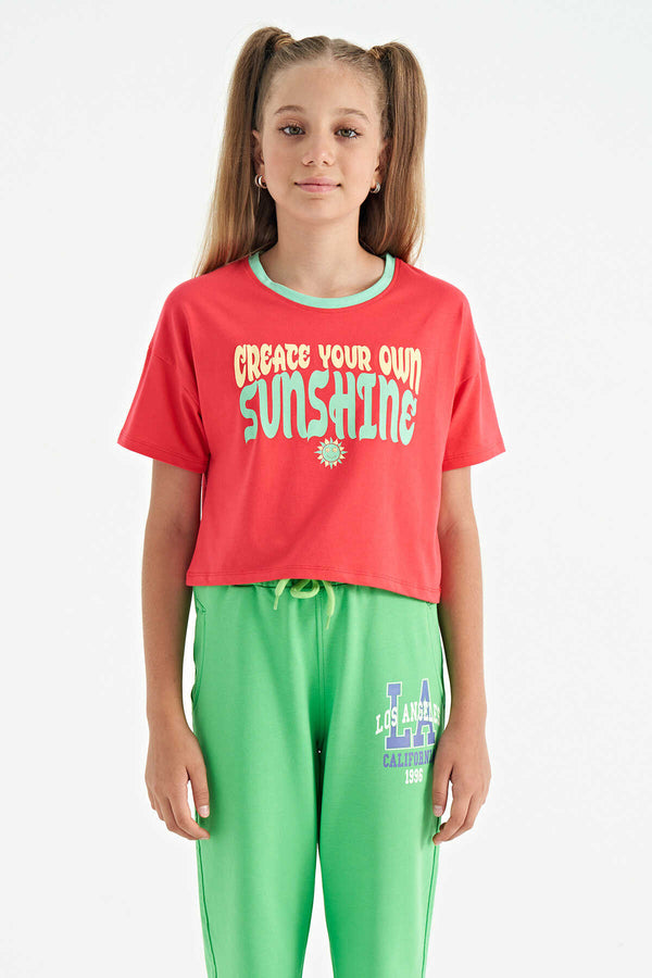 Tommylife Toptan Rose Renkli Yazı Baskılı O Yaka Oversize  Kısa Kollu Kız Çocuk T-Shirt - 75111