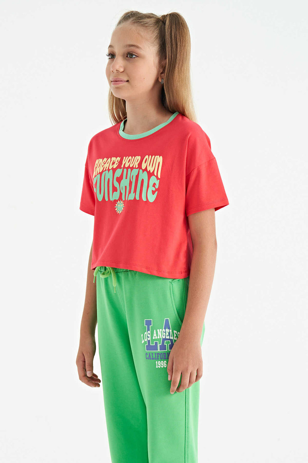 Tommylife Toptan Rose Renkli Yazı Baskılı O Yaka Oversize  Kısa Kollu Kız Çocuk T-Shirt - 75111