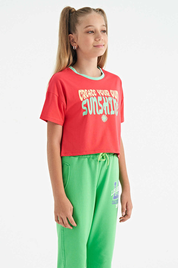 Tommylife Toptan Rose Renkli Yazı Baskılı O Yaka Oversize  Kısa Kollu Kız Çocuk T-Shirt - 75111