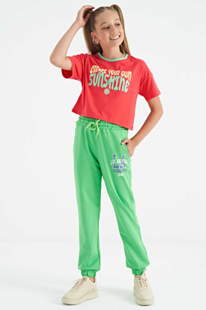 Tommylife Toptan Rose Renkli Yazı Baskılı O Yaka Oversize  Kısa Kollu Kız Çocuk T-Shirt - 75111