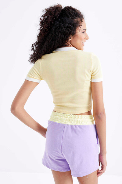 Tommylife Toptan Sarı Basic Kol Detaylı O Yaka Kadın Crop Top T-Shirt - 97200
