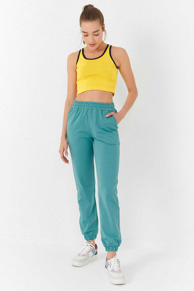 Tommylife Toptan Sarı Basic Sıfır Kol Dar Kalıp U Yaka Kadın Crop Top Atlet - 97162