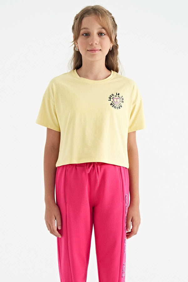 Tommylife Toptan Sarı Ön Arka Baskılı O Yaka Düşük Omuz Oversize Kısa Kollu Kız Çocuk T-Shirt - 75126