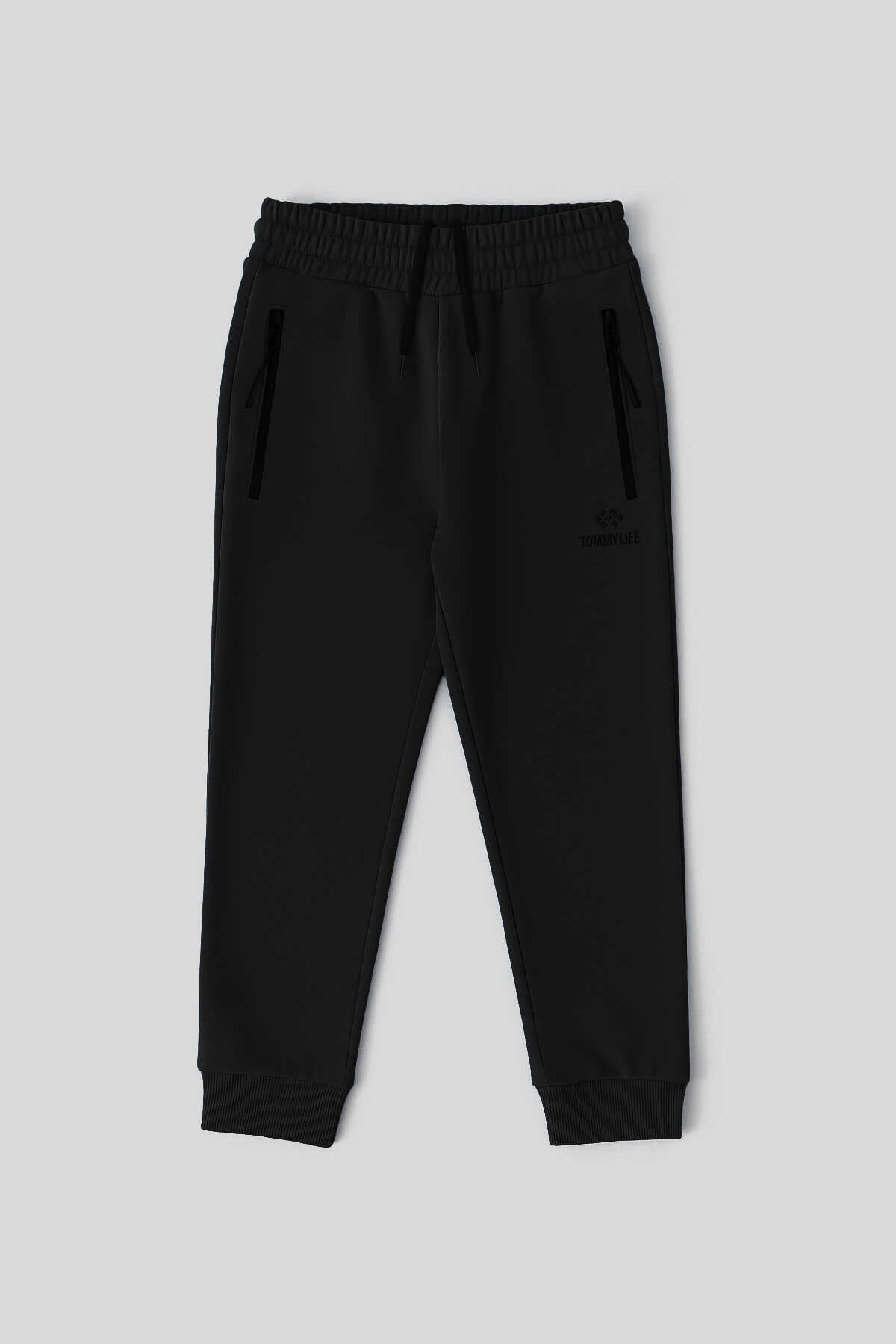 Tommylife Toptan Siyah Basic Fermuar Cepli Belden Bağcıklı Jogger Erkek Çocuk Eşofman Alt - 10798