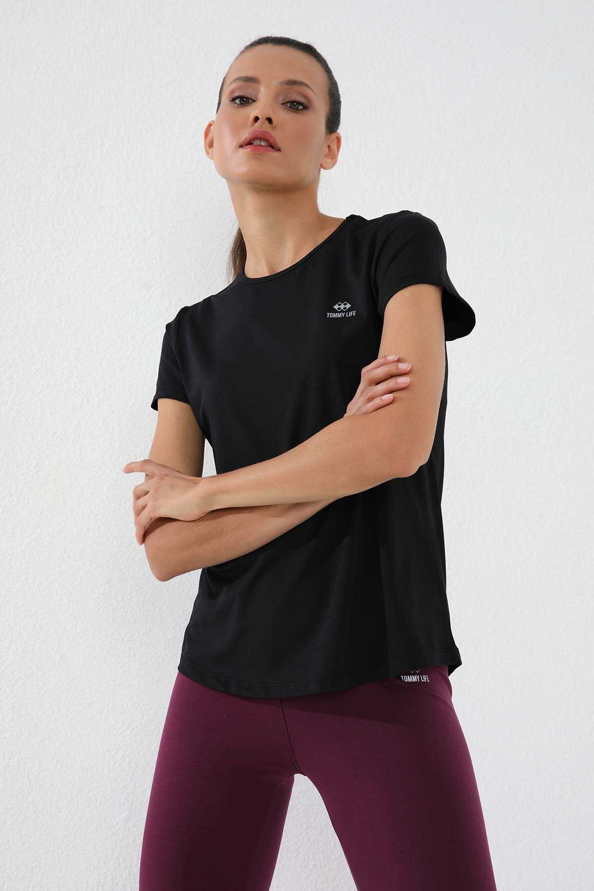 Tommylife Toptan Siyah Basic Kısa Kol Standart Kalıp O Yaka Kadın T-Shirt - 97144