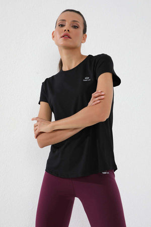 Tricou damă Tommylife Wholesale, negru, cu mânecă scurtă, croială standard, guler rotund - 97144