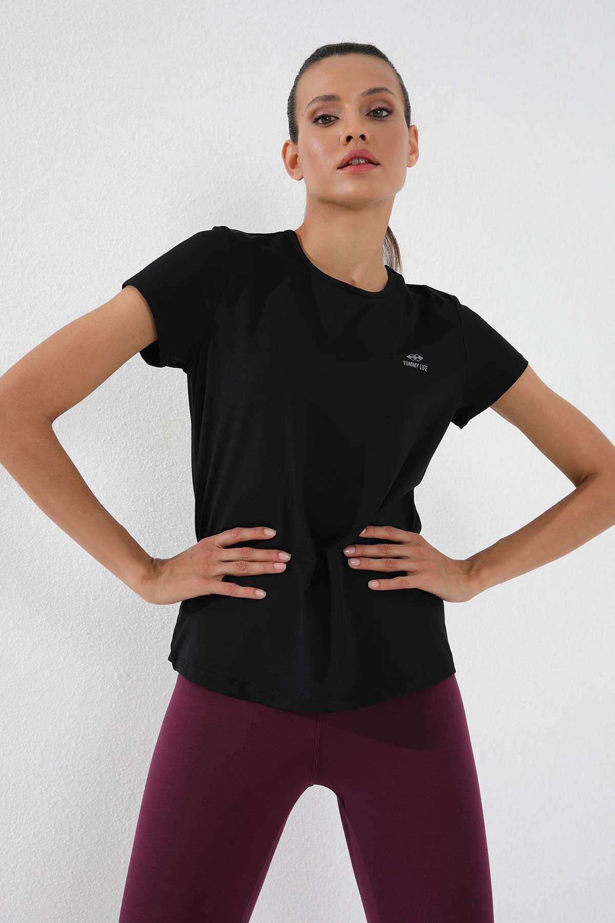 Tricou damă Tommylife Wholesale, negru, cu mânecă scurtă, croială standard, guler rotund - 97144