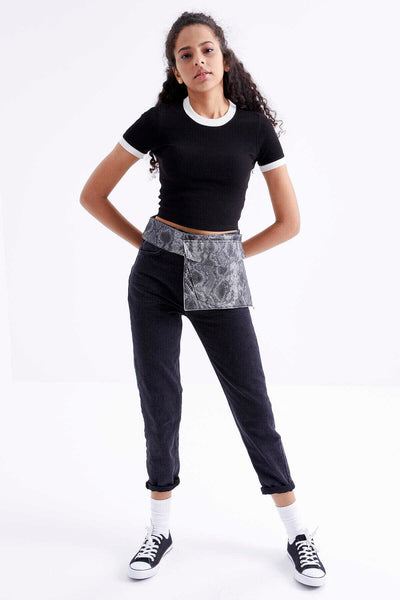 Tommylife Toptan Siyah Basic Kol Detaylı O Yaka Kadın Crop Top T-Shirt - 97200