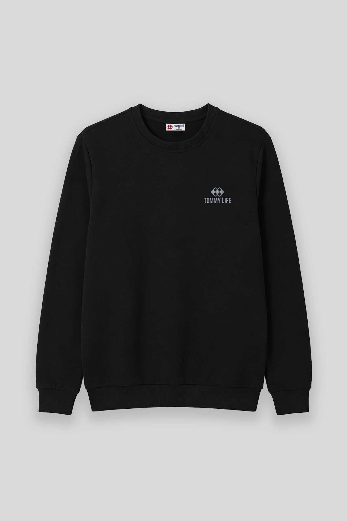 Tommylife Toptan Siyah Basic O Yaka Büyük Beden Erkek Sweatshirt - 88126