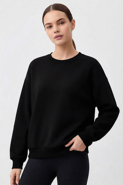 Tommylife Toptan Siyah Basic O Yaka Oversize Kadın Sweatshirt - 97053