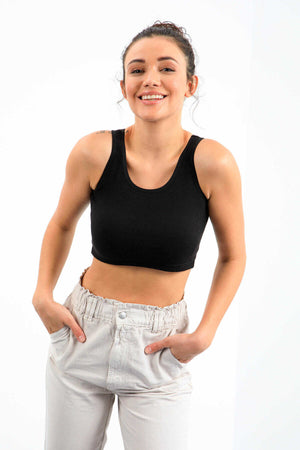 Tommylife Toptan Siyah Basic Sıfır Kol Dar Kalıp U Yaka Kadın Crop Top Atlet - 97160
