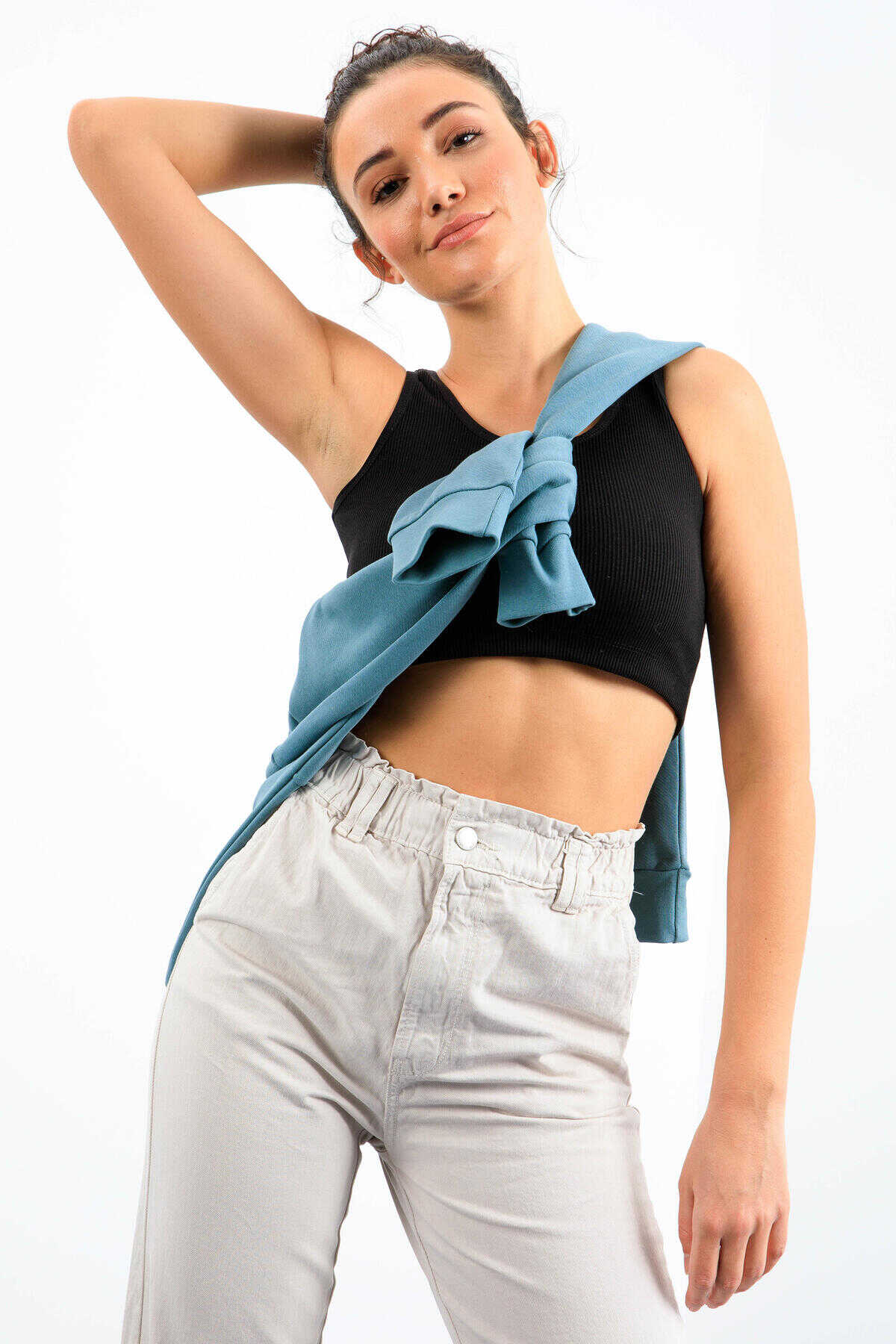 Tommylife Toptan Siyah Basic Sıfır Kol Dar Kalıp U Yaka Kadın Crop Top Atlet - 97160