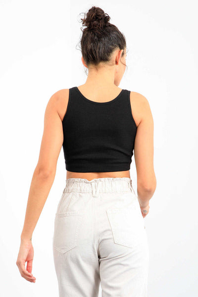 Tommylife Toptan Siyah Basic Sıfır Kol Dar Kalıp U Yaka Kadın Crop Top Atlet - 97160