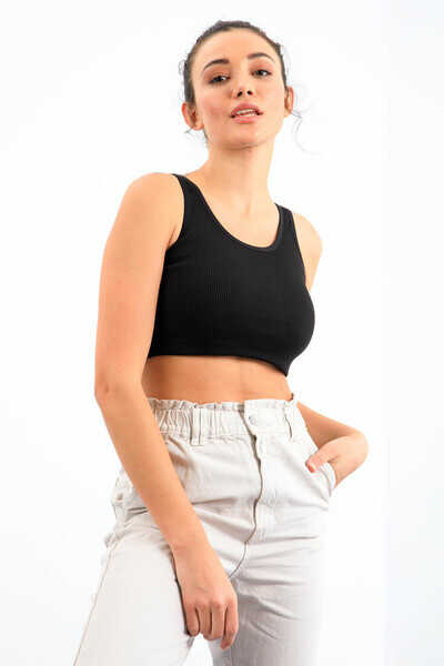 Maiou scurt pentru femei, fără mâneci, croială slim fit, cu decolteu în U, Tommylife Wholesale, negru - 97160