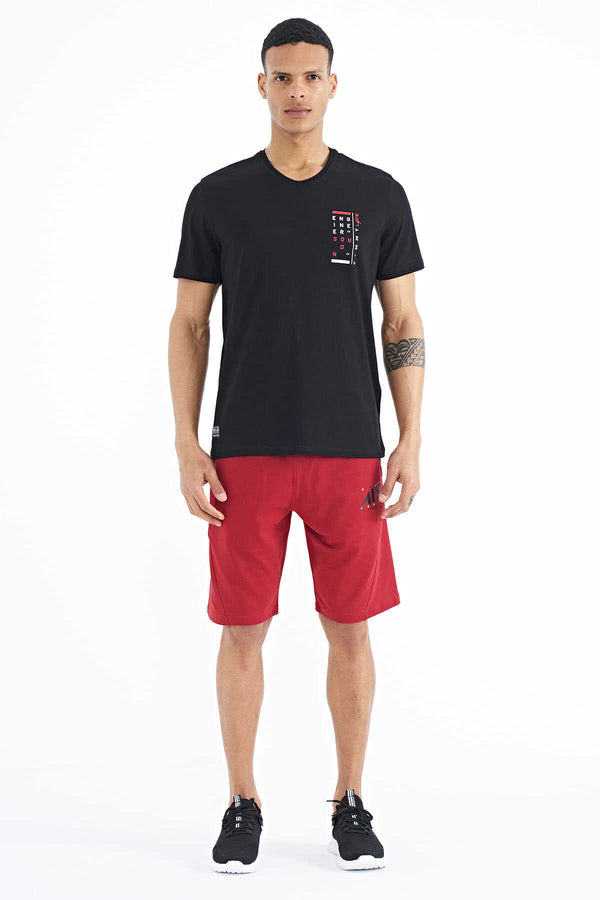 Tommylife Toptan Siyah Baskı Detaylı V Yaka Standart Kalıp Erkek T-Shirt - 88186