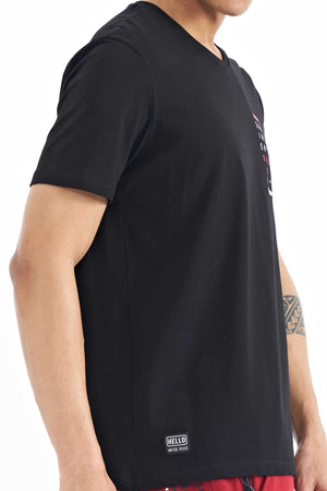 Tommylife Toptan Siyah Baskı Detaylı V Yaka Standart Kalıp Erkek T-Shirt - 88186