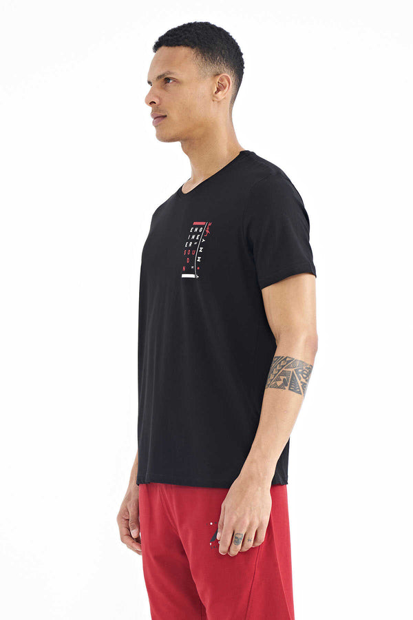 Tommylife Toptan Siyah Baskı Detaylı V Yaka Standart Kalıp Erkek T-Shirt - 88186