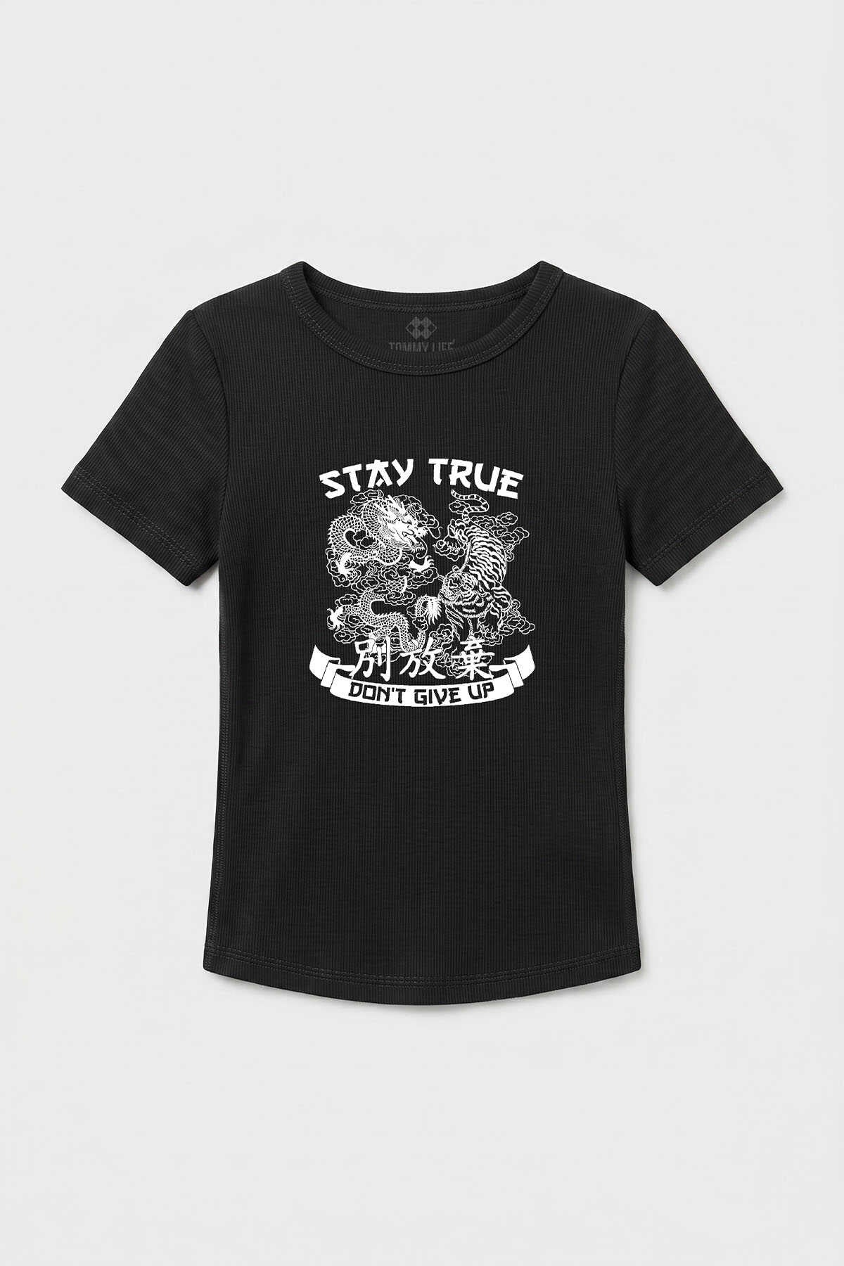 Tommylife Toptan Negru Imprimat Col O Femeie T-Shirt - 97201