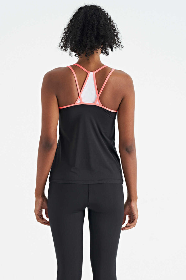 Tommylife Toptan Siyah Çift Askılı Sırt Detaylı Standart Kalıp Kadın Spor Atlet - 97258